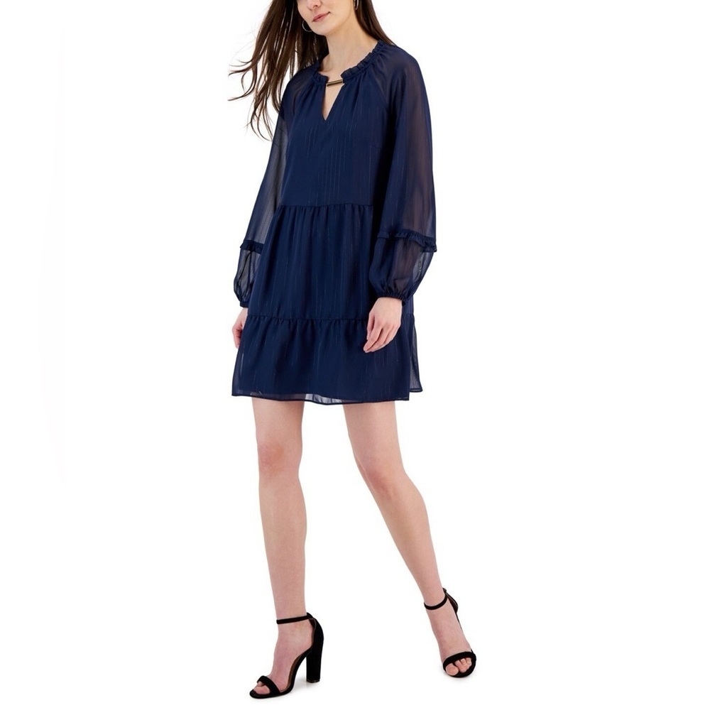 INC Dress Women's Medium Navy Blue Metallic Stripe Mini Fit & Flare size large